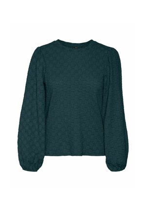 Blusa teal in tessuto texture con maniche lunghe a palloncino, scollatura a girocollo e un tessuto con un motivo sobrio. Vestibilità comoda, polsini delle maniche dettagliati.