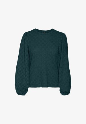 Blusa teal in tessuto texture con maniche lunghe a palloncino, scollatura a girocollo e un tessuto con un motivo sobrio. Vestibilità comoda, polsini delle maniche dettagliati.