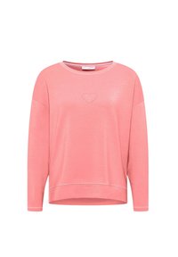 Roze sweatshirt met lange mouwen en een ronde halslijn, voorzien van een subtiele hartborduring op de borst en ribgebreide manchetten. Zacht materiaal met een gladde textuur.