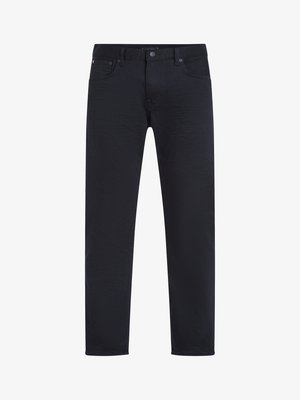 Schwarze Denim-Jeans mit glatter Textur, geradem Bein-Design, fünf Taschen und metallischem Knopfverschluss an der Taille. Minimalistischer Stil.