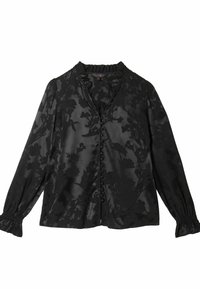 Black blouse with long sleeves, floral pattern embossed in darker shades, button-down front, ruffled neckline, and elastic cuffs.