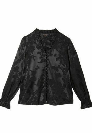 Schwarze Bluse mit langen Ärmeln, floralem Muster in dunkleren Farbtönen, Knopfleiste vorne, gerüschtem Ausschnitt und elastischen Bündchen.