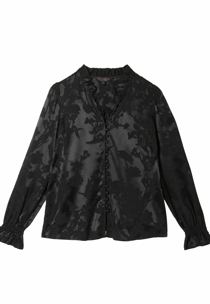 Black blouse with long sleeves, floral pattern embossed in darker shades, button-down front, ruffled neckline, and elastic cuffs.