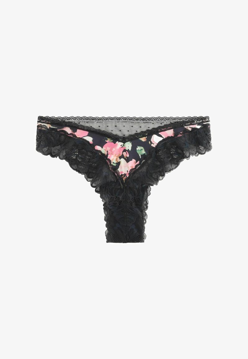 Zwarte kanten string met een voorkant van stof met bloemenprint en een transparante tailleband met stippen.