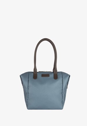 Blue textured handbag with dark brown handles and a top zipper, featuring a small rectangular brand patch on the front.