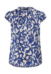 Niebieska bluzka z krótkim rękawem z abstrakcyjnymi białymi i czarnymi wzorami, z zebranym dekoltem i gładką fakturą.