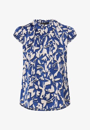 Kurzärmlige blaue Bluse mit abstrakten weißen und schwarzen Mustern, ausgestattet mit einem gerafften Ausschnitt und glatter Textur.