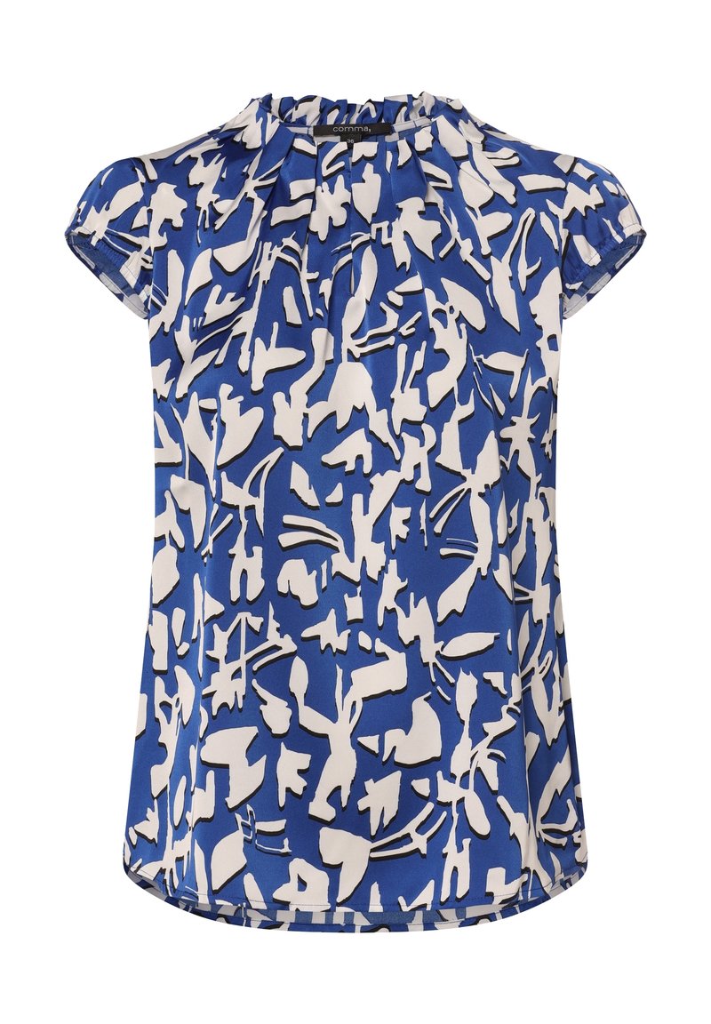 Niebieska bluzka z krótkim rękawem z abstrakcyjnymi białymi i czarnymi wzorami, z zebranym dekoltem i gładką fakturą.