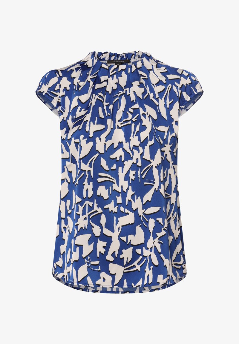 Niebieska bluzka z krótkim rękawem z abstrakcyjnymi białymi i czarnymi wzorami, z zebranym dekoltem i gładką fakturą.