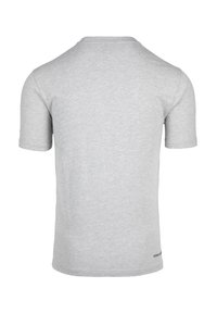 Grijze t-shirt met korte mouwen, gemaakt van zachte, lichte katoen. Heeft een ronde hals en een klein gedrukt logo op de onderrug.