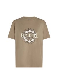 Beige katoenen t-shirt met korte mouwen en een ronde halslijn. Voorzien van een circulair grafisch ontwerp met "O’Neill Surf Co." en tribale accenten.