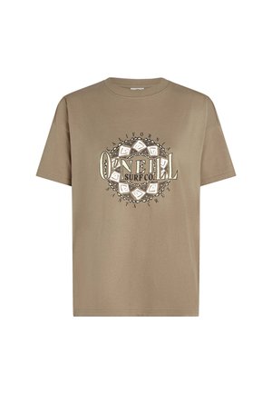Beige bomull t-shirt med korta ärmar och rund halsringning. Har en cirkulär grafisk design med "O’Neill Surf Co." och tribal-accenter.