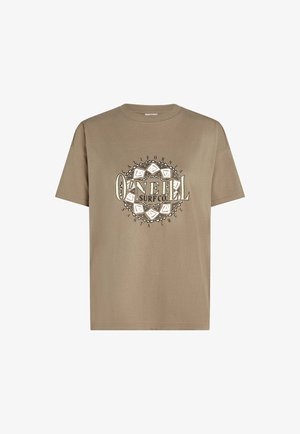 Beige bomull t-shirt med korta ärmar och rund halsringning. Har en cirkulär grafisk design med "O’Neill Surf Co." och tribal-accenter.