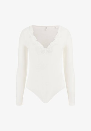 Long-sleeve white bodysuit with a deep V-neck, featuring delicate lace trim around the neckline and a fitted silhouette.