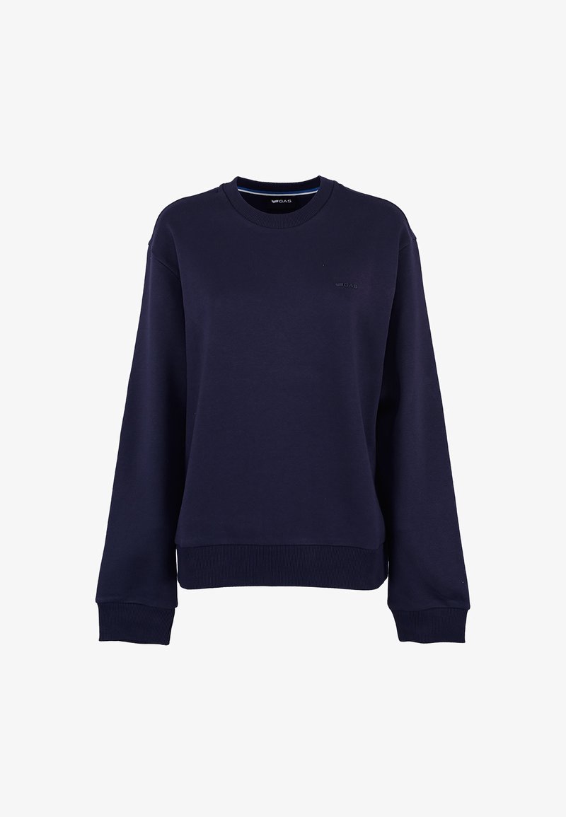 Felpa blu navy realizzata in materiale morbido, con collo a giro, polsini a coste e un sottile accento con logo sul davanti.