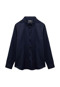 Camicia a maniche lunghe blu navy realizzata in tessuto morbido. Presenta un colletto classico e una chiusura frontale con bottoni. Colore uniforme senza fantasie o dettagli.