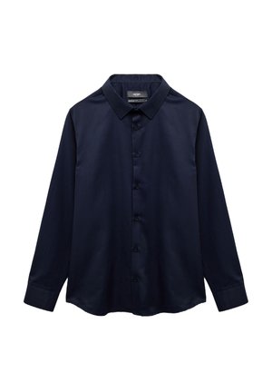 Marineblaue langärmelige Bluse aus glattem Stoff. Mit einem klassischen Kragen und einer Knopfleiste. Einfarbig ohne Muster oder Akzente.