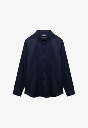 Marineblaue langärmelige Bluse aus glattem Stoff. Mit einem klassischen Kragen und einer Knopfleiste. Einfarbig ohne Muster oder Akzente.