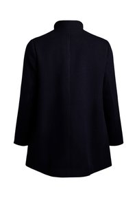 Navy wool coat with a structured collar, clean lines, and a slightly flared silhouette. Features a smooth texture and no visible hardware.