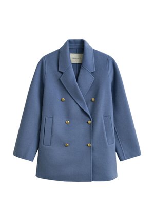 Blue wool double-breasted coat with a notched collar, featuring gold-tone buttons and two side pockets, smooth texture, tailored fit.