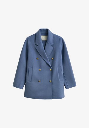 Blue wool double-breasted coat with a notched collar, featuring gold-tone buttons and two side pockets, smooth texture, tailored fit.