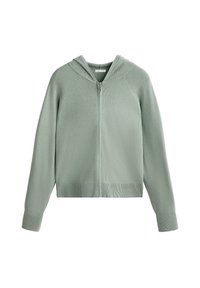 Ljusgrön zip-up hoodie i ribbat material. Har raglanärmar, huva och ribbad nederkant. Framdragkedja och avslappnad passform.