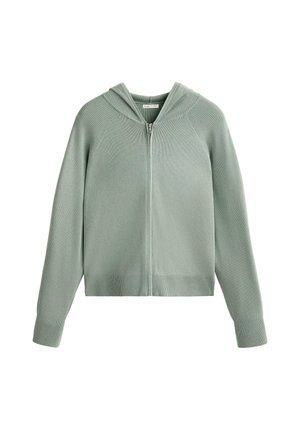 Haut à capuche zippé vert clair en tissu côtelé. Équipé de manches raglan, d'une capuche et d'un ourlet côtelé. Zipper avant et coupe décontractée.