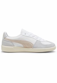 Białe sneakersy z gładkim skórzanym wierzchem i jasnoszarymi zamszowymi akcentami. Oferują miękki beżowy logo i teksturowaną gumową podeszwę.