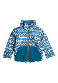 Modrý vzorovaný kabát s trojuholníkovými a textovými dizajnmi, so zipsom, vysokým golierom a tyrkysovými akcentami vrecka. Vyrobený z hladkého, ľahkého materiálu.