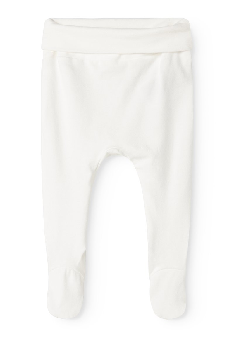 Pantalons pour bébé en coton blanc avec une taille repliée douce, conception à pieds, et texture lisse. Comprend une construction simple et sans couture.