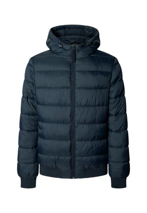 Námornícka modrá puffer bunda s kapucňou, horizontálnymi švami, predným zipsom a ribbovanými manžetami. Mäk Materiál, lesklý s prešívanou textúrou.