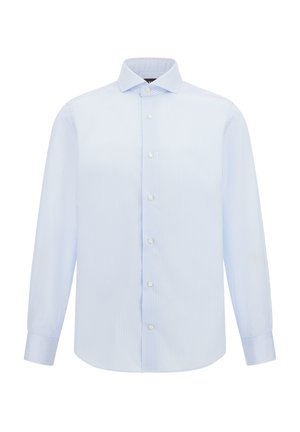 Light blue button-up shirt featuring thin vertical stripes, long sleeves, a spread collar, and a rounded hem. Made of a smooth fabric.