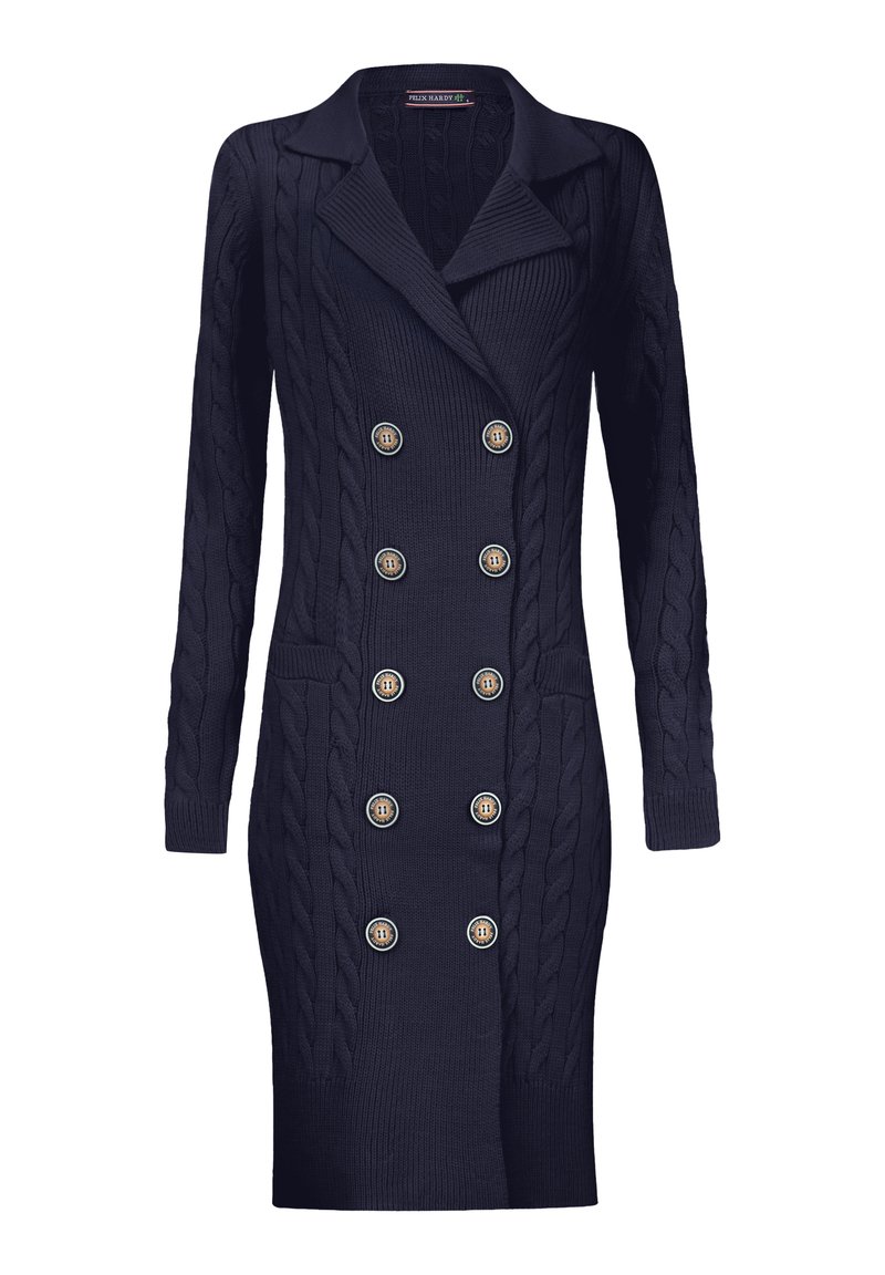 Abito cardigan lavorato a maglia blu navy con design doppiopetto, texture a trecce, due tasche frontali e grandi bottoni decorativi.