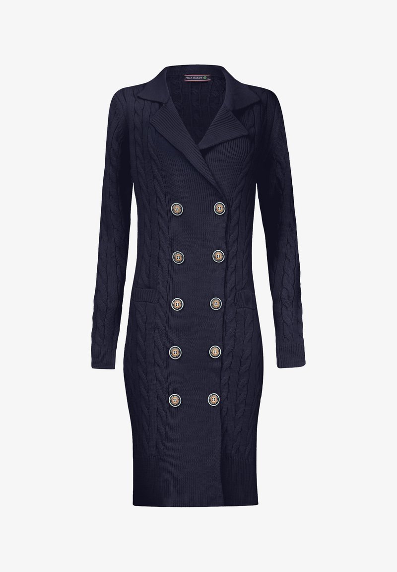 Marineblaues Strickkleid mit einem doppelt-knöpfigen Design, Kabelstrick-Textur, zwei vorderen Taschen und großen dekorativen Knöpfen.