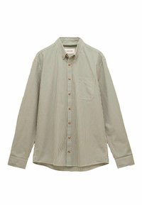 Zeleno-biele pruhované tričko s dlhým rukávom, s predným zapínaním na gombíky, má hnedé gombíky a jedno vrecko na hrudi, je vyrobené z ľahkého materiálu.