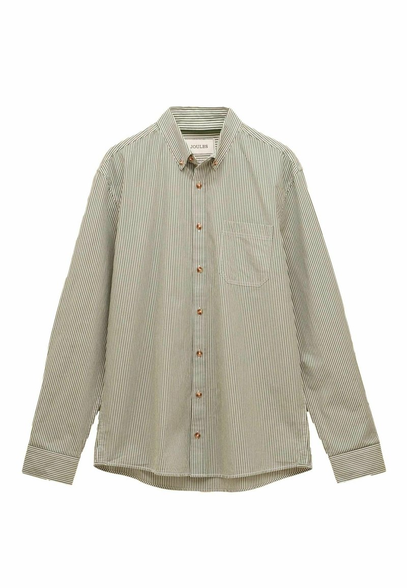 Zeleno-biele pruhované tričko s dlhým rukávom, s predným zapínaním na gombíky, má hnedé gombíky a jedno vrecko na hrudi, je vyrobené z ľahkého materiálu.