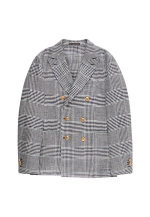 Dubbelgeknoopte blazer met zwart-wit geruit patroon en zes gouden knopen, voorzien van brede revers en knoopdetails op de manchetten.