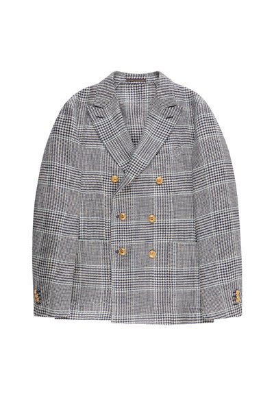 Blazer cruzado con patrón de cuadros blancos y negros y seis botones dorados, con solapas anchas y detalles de botones en los puños.