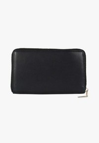 Portafoglio in pelle nera dalla texture liscia, forma rettangolare, chiusura con cerniera e dettagli in metallo argentato. Design semplice e minimalista.