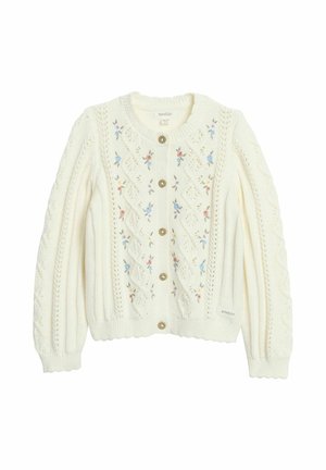Cremefarbene Strickjacke mit Blumenstickerei, Zopfmuster, Rundhalsausschnitt, Holzknöpfen sowie gerippten Bündchen und Saum.