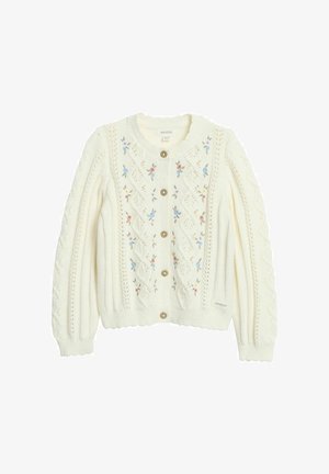 Cremefarbene Strickjacke mit Blumenstickerei, Zopfmuster, Rundhalsausschnitt, Holzknöpfen sowie gerippten Bündchen und Saum.