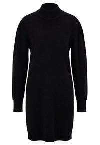 Robe noire en maille avec un col montant côtelé, des manches longues et des poignets côtelés. Design simple avec une silhouette droite et une longueur moyenne.