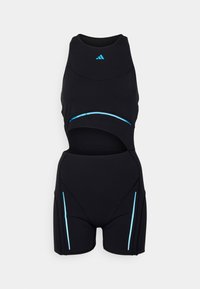 Bodysuit de sport noir avec un col haut, une section centrale découpée et des accents bleus sur les côtés, fabriqué en tissu lisse et extensible.