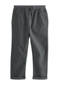 Pantalon de jogging gris foncé en mélange de coton avec une ceinture élastique, un cordon de serrage et des poches latérales ; les ourlets sont retroussés.