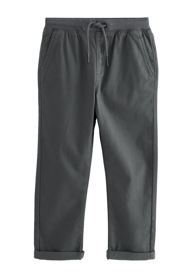 Pantalon de jogging gris foncé en mélange de coton avec une ceinture élastique, un cordon de serrage et des poches latérales ; les ourlets sont retroussés.