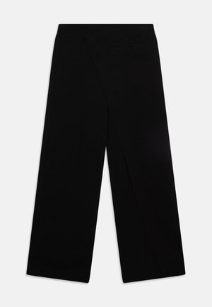 Pantaloni negri cu croială largă și talie înaltă din material neted, așezați întinși pe un fundal deschis.