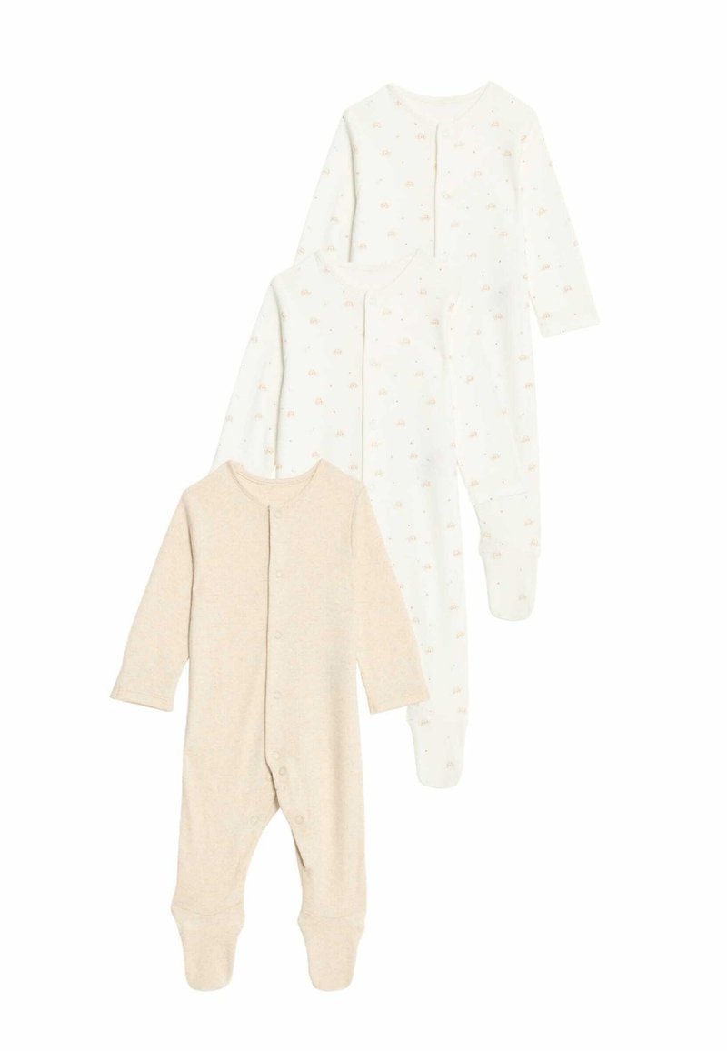 Drei Babystrampler: einer beige mit Druckknöpfen, zwei weiße mit subtilen Tiermustern, lange Ärmel, aus weichem Baumwollstoff.
