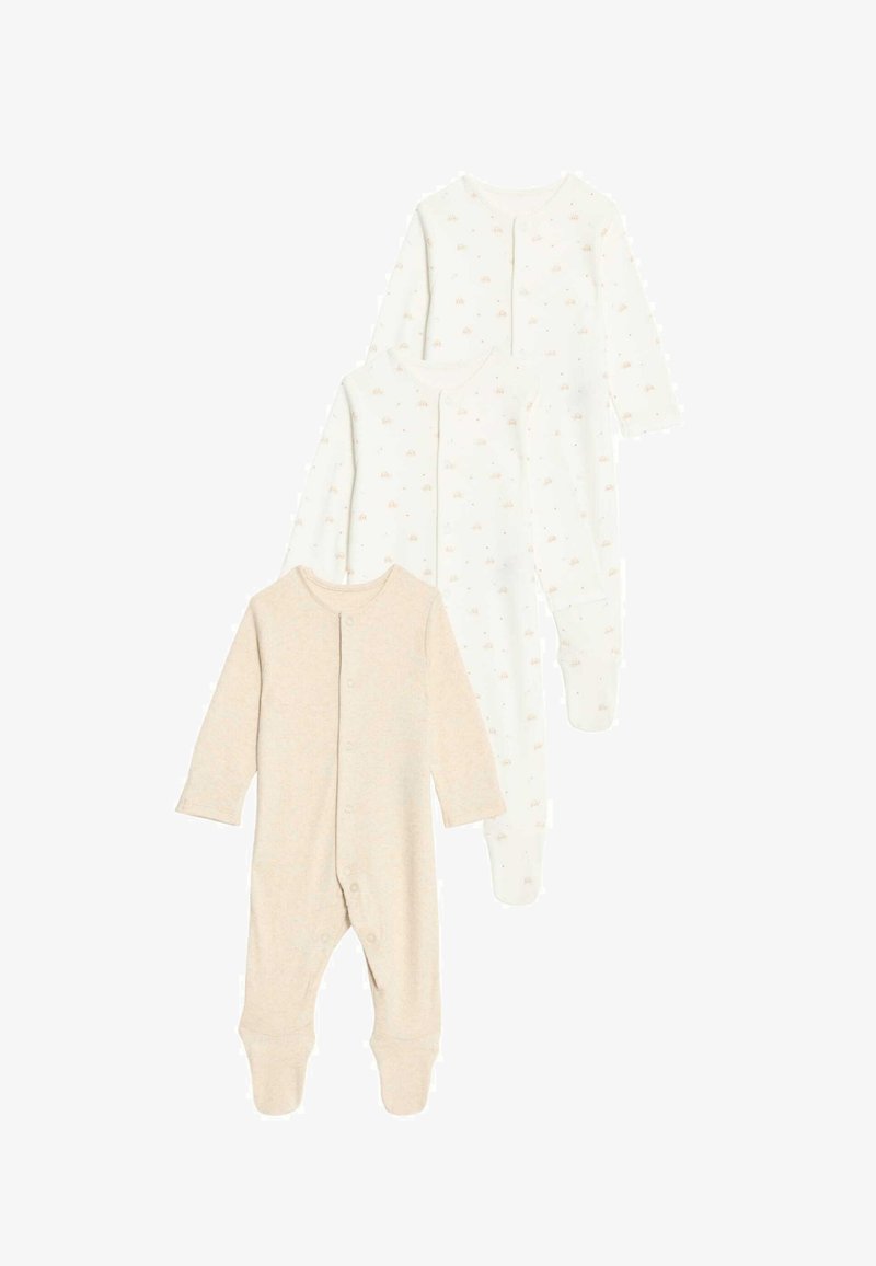 Drei Babystrampler: einer beige mit Druckknöpfen, zwei weiße mit subtilen Tiermustern, lange Ärmel, aus weichem Baumwollstoff.