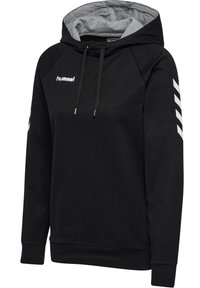 Svart hoodie med grått foder, utrustad med dragsko i huvan, ribbade muddar och vitt logotyp/detaljer på fram- och ärmsidan. Mjukt tyg.