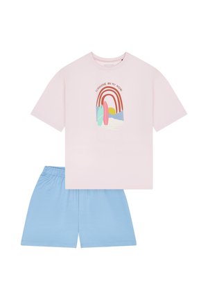 Pale pink T-shirt with a surf-themed graphic and blue shorts, made of soft fabric; T-shirt features short sleeves and a round neckline.